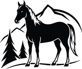 Black vector silhouette of a running wild mustang stallion with flowing mane and tail