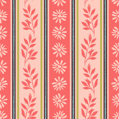 Sweet Floral and Leaf Stripes Vector Seamless Pattern