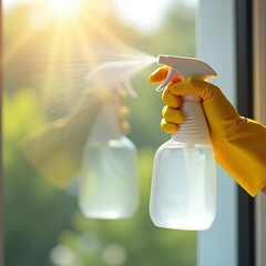 A hand with yellow glove holding a spray bottle