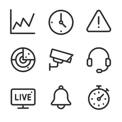 Fototapeta premium Live Monitoring Icons. Outline icon set of live monitoring: graph, clock, alert notification, radar, camera, headset, live