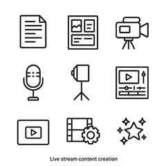 Live Stream Icon Set. Outline icon set of live stream content creation: script, storyboard, camera, microphone, lighting setup,