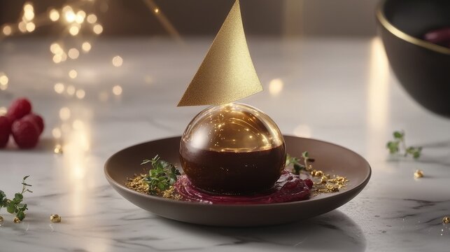 Isomalt decoration positioning delicate golden sail being positioned on chocolate sphere dessert with berry reduction micro herbs sophisticated ceramic plate luxury presentation