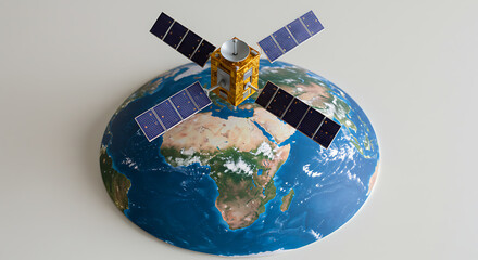 A communication satellite model with solar panels in orbit over a globe of planet Earth, concept of global connectivity.