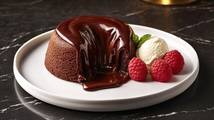 Molten lava cake with warm chocolate center flowing out on pristine white plate, vanilla ice cream, red raspberries, stone surface, fine dining dessert presentation