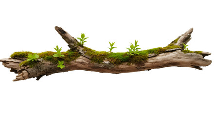 Moss Covered Branch with New Growth on Black Background