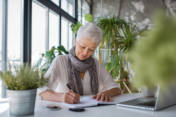 Elderly Caucasian business woman organizing her week with a digital calendar and