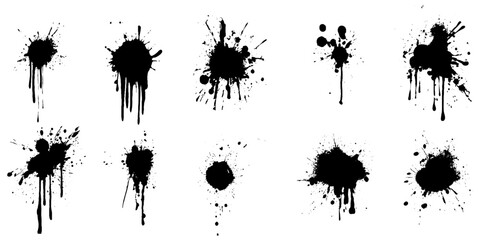 Fototapeta premium Illustrated ink spots set bloat collection in black and white. Black ink splashes. Grunge splatters. Abstract background. Grunge text banners