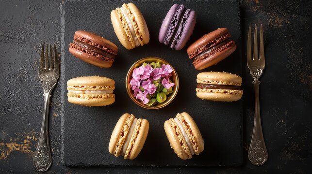 Macarons arrangement gourmet dessert presentation circular formation luxury restaurant styling slate surface gold-rimmed bowl flower petals ornate silver forks fine dining patisserie