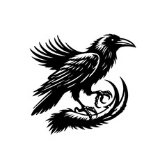 Obraz premium Stylized Black Raven Perched on a Swirling Tail.