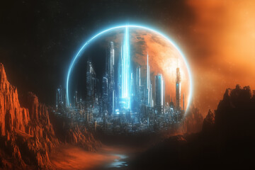 Futuristic city inside a power energy sphere on a desert planet background. Mars colonization.