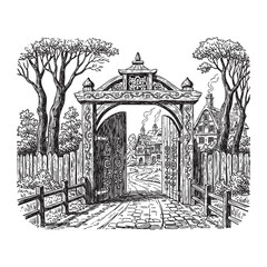 Fototapeta premium vintage gate village woodcut engraving vector illustration