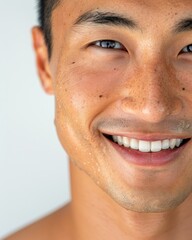 Fototapeta premium Close-up of a smiling Asian man with freckles.