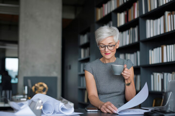 Elderly Caucasian business woman sitting at a modern desk, reading through marketing proposals while