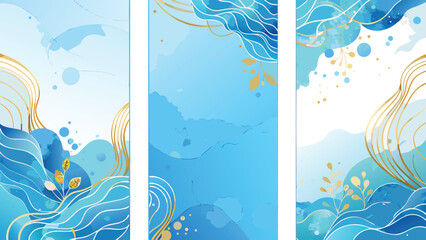 Three vertical banners painted in blue and gold, presenting a bold and colorful aesthetic for visual interest..eps