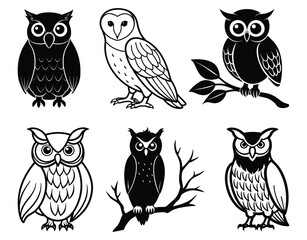 Cute Cartoon Owl Silhouette Vector Isolated on White Background

