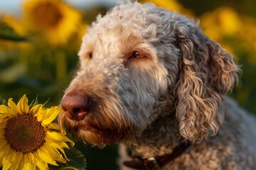 Dog portrait in sunflower field: goldendoodle puppy with flowers, cute pet photography 90