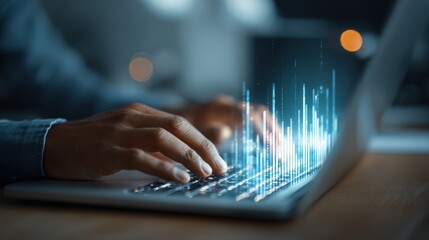 Close-up of hands typing on a laptop keyboard with a futuristic digital hologram displaying data and graphs in a modern workspace setting