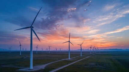Obraz premium Wind Turbine Panorama: An awe-inspiring panoramic view showcases a vast wind farm at dawn or dusk, with the colossal wind turbines gracefully capturing the wind's energy against a vibrant sky.