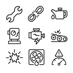 Machinery Breakdown Icons. Outline icon set of machinery breakdown: broken wrench, snapped chain, leaking oil, cracked machine,