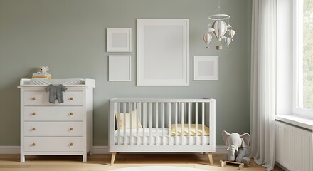 Serene nursery room featuring a white crib, changing table, and blank picture frames on a muted green wall, with a window and soft light.