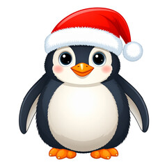 Naklejka premium Cute Standing Penguin Wearing Santa Hat, Front View, Isolated on Transparent Background