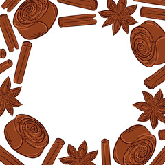 Flat style cinnamon sticks, bun and star anise border frame isolated on white background. Spice illustration for recipe book, cafe packaging and autumn seasonal decorative culinary theme design.