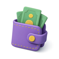 3D illustration of a purple wallet with green dollar bills sticking out, isolated on transparent background. Concept of money, personal finance and digital payments
