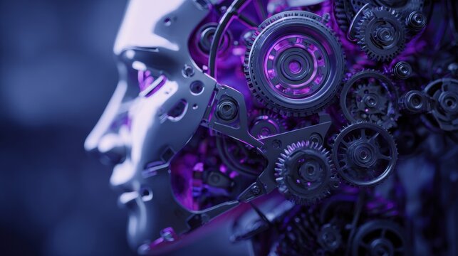 Futuristic robot head with intricate gears and mechanical components illuminated by vibrant purple and blue lighting, showcasing advanced robotics technology - Powered by Adobe