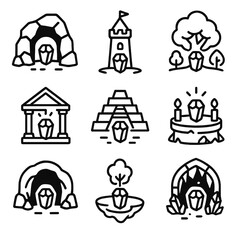 Fototapeta premium Magic Stone Locations. Outline icon set of magic stone locations: ancient cave, wizard tower, enchanted forest, sacred shrine,