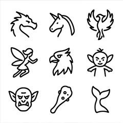 Magical Creature Icons. Outline icon set of magical creatures: dragon silhouette, unicorn outline, phoenix rising, fairy with