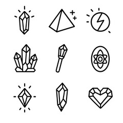Obraz na płótnie Canvas Magical Crystal Icons. Outline icon set of magical crystals: glowing shard, healing prism, energy orb, quartz cluster, crystal