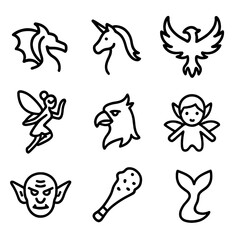 Magical Creature Icons. Outline icon set of magical creatures: dragon silhouette, unicorn outline, phoenix rising, fairy with
