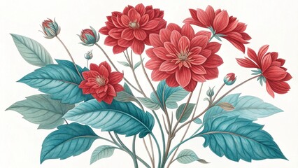 A stunning watercolor illustration of a vibrant bouquet of red dahlias and elegant teal leaves. The artwork has a rich, artistic texture and a balanced color palette, creating a bold and sophisticated