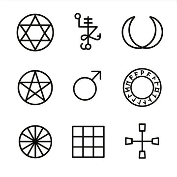 Magical Seal Icons. Outline icon set of magical seals: solomonic seal, planetary sigil, pentagram, lunar sigil, sigil of mars,