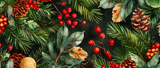 christmas background with fir branches and cones