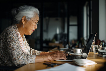 Elderly Hispanic woman preparing her farewell message to the company, typing a heartfelt note at her office desk