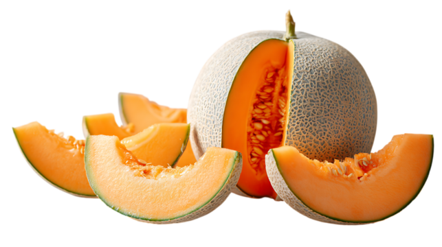 Half of a cantaloupe melon, revealing its orange flesh and seeds, alongside several cut wedges of the same melon, all displaying their textured rind and juicy interior, against a soft light.