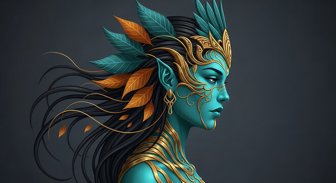 Fantasy portrait of a blue-skinned elf queen adorned with gold ornamentation and leaves, rendered