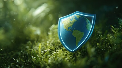 Digital shield representing global cybersecurity protection concept with a glowing shield graphic against a vibrant green natural background with sunlight