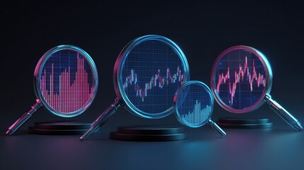 Set of four futuristic digital magnifying glasses with holographic financial stock market charts and analytics display on dark background