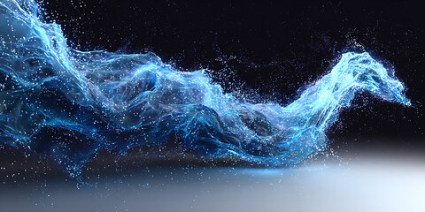 Abstract Blue Energy Wave Flowing Through Space with Sparkling Particles and Dark Background for Digital Art