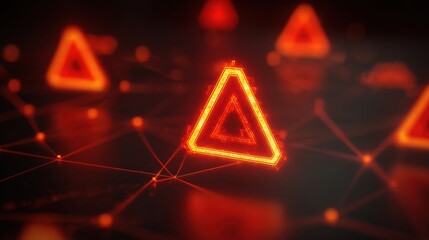 Futuristic glowing red warning triangles connected by a digital network glowing in dark environment with high-tech visual effects for safety alert concept