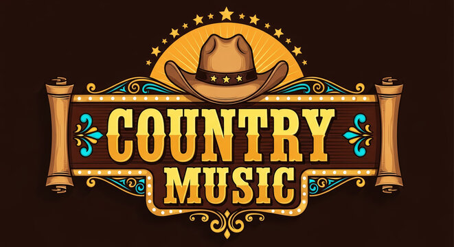 Classic country music logo with a western cowboy hat on a decorative scroll banner. Vintage festival emblem.