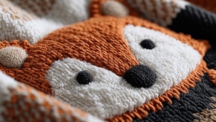 Close-up of a knitted sweater with a fox design