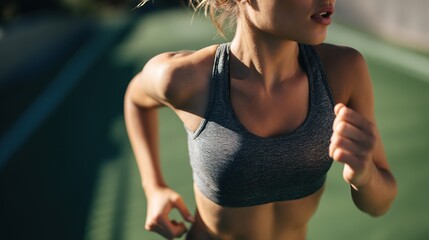 Athletic woman engaged in outdoor sports, captured in dynamic motion with natural sunlight and blurred background.