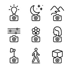 Fototapeta premium Manual Photography Icons. Outline icon set of manual shooting scenarios: low-light manual icon, astrophotography manual icon, long