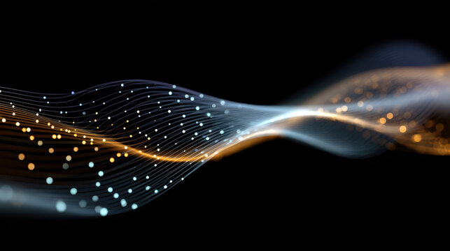 Abstract Digital Flow: Dynamic lines of light and data points gracefully dance across a dark void, a visual representation of interconnected networks and digital innovation. 