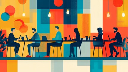 Colorful illustration of diverse coworkers collaborating in a modern workspace.