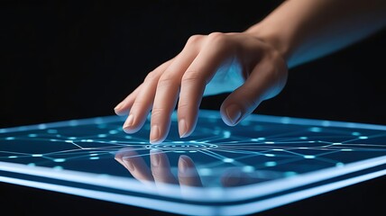 Hand interacting with futuristic digital interface and data visualization