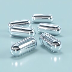 ingredient-focused skincare design Shiny silver health capsules on a blue surface. Ingredients beauty trend with hyaluronic acid